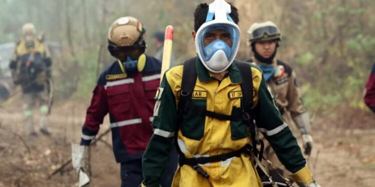 Bomberos y pobladores trabajan para enfriar la tierra tras sofocar un incendio en la comunidad este jueves, en Río Blanco, Bolivia (EFEJuan Carlos Torrejón).