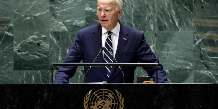 New York (United States), 24/09/2024.- US President Joe Biden speaks during the General Debate of the 79th session of the United Nations General Assembly at United Nations Headquarters in New York, New York, USA, 24 September 2024. The annual high-level General Debate gathers world leaders from 24 to 28 September, and 30 September under the theme, 'Leaving no one behind: acting together for the advancement of peace, sustainable development and human dignity for present and future generations'. (Nueva York) EFE/EPA/JUSTIN LANE