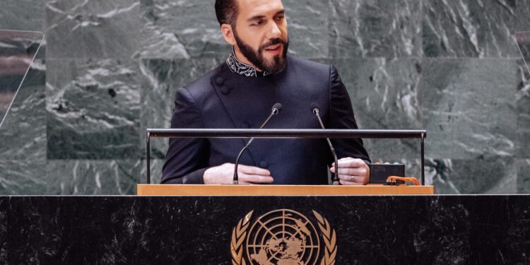 New York (United States), 24/09/2024.- El Salvador's President Nayib Bukele speaks during the General Debate of the 79th session of the United Nations General Assembly at United Nations Headquarters in New York, New York, USA, 24 September 2024. The annual high-level General Debate gathers world leaders from 24 to 28 September, and 30 September under the theme, 'Leaving no one behind: acting together for the advancement of peace, sustainable development and human dignity for present and future generations'. (Nueva York) EFE/EPA/OLGA FEDOROVA