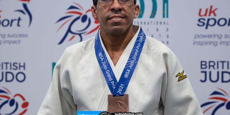 WARWICK, ENGLAND, 19 JUNE 2021: Under 66kg bronze medallist, Marcos Jose Falcon Tovar of Venezuela, 39, during the IBSA VI Judo Grand Prix on June 19th 2021 at the Warwick University Sports Hub in Warwick, England. Tovar won bronze at the London Paralympics and was ParaPan Amercan Games champion in 2013. (Photo by David Finch/Getty Images) *** Local Caption *** Marcos Jose Falcon Tovar