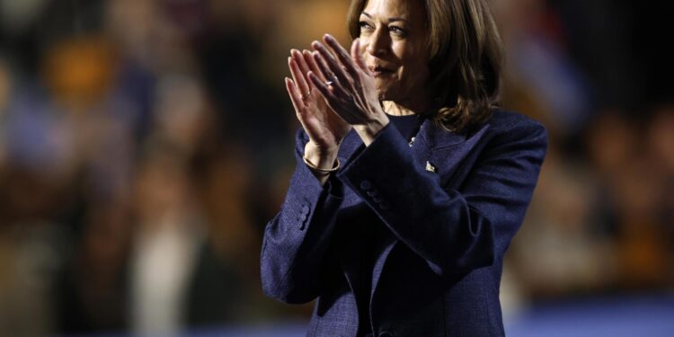 East Lansing (United States), 03/11/2024.- Democratic presidential candidate US Vice President Kamala Harris reacts during a Get Out the Vote rally in East Lansing, Michigan, USA, 03 November 2024. Vice President Harris and Republican candidate former President Trump are tied in the polls with two days until the election on 05 November EFE/EPA/CJ GUNTHER