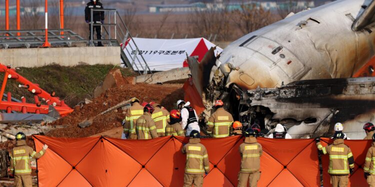 Muan (South Korea), 29/12/2024.- Firefighters search at the wreckage of the Jeju Air aircraft at Muan International Airport in Muan, 288 kilometers southwest of Seoul, South Korea, 29 December 2024. According to the National Fire Agency, a passenger jet carrying 181 people erupted in flames after going off the runway at an airport in South Korea's southwestern county of Muan on 29 December, leaving at least 176 people dead. (Corea del Sur, Seúl) EFE/EPA/HAN MYUNG-GU