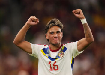 AUSTIN, TEXAS - JUNE 30: Telasco Segovia of Venezuela celebrates after defeating Jamaica 3-0 during the CONMEBOL Copa America 2024 Group B match between Jamaica and Venezuela at Q2 Stadium on June 30, 2024 in Austin, Texas. (Photo by Sam Hodde/Getty Images)