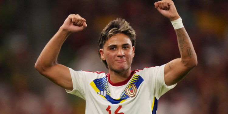 AUSTIN, TEXAS - JUNE 30: Telasco Segovia of Venezuela celebrates after defeating Jamaica 3-0 during the CONMEBOL Copa America 2024 Group B match between Jamaica and Venezuela at Q2 Stadium on June 30, 2024 in Austin, Texas. (Photo by Sam Hodde/Getty Images)