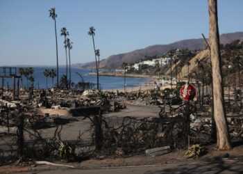 -FOTODELDÍA- EA1407. LOS ANGELES (ESTADOS UNIDOS), 13/01/2025.- Fotografía de un barrio destruido por el incendio forestal de Palisades en el barrio de Pacific Palisades de Los Ángeles, California (EE.UU.). Múltiples incendios forestales, que ya han destruido miles de viviendas y obligado a miles de personas a evacuar barrios en la zona de Los Ángeles. EFE/EPA/ALLISON DINNER