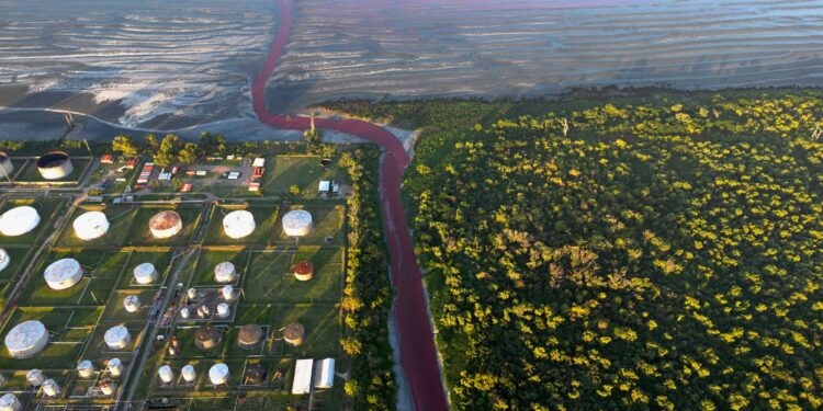 This aerial view shows an unusual reddish color of the Sarandi Canal seeping into the Rio de la Plata River in Sarandi, Avellaneda in the outskirts of Buenos Aires on February 6, 2025. (Photo by Juan MABROMATA / AFP)