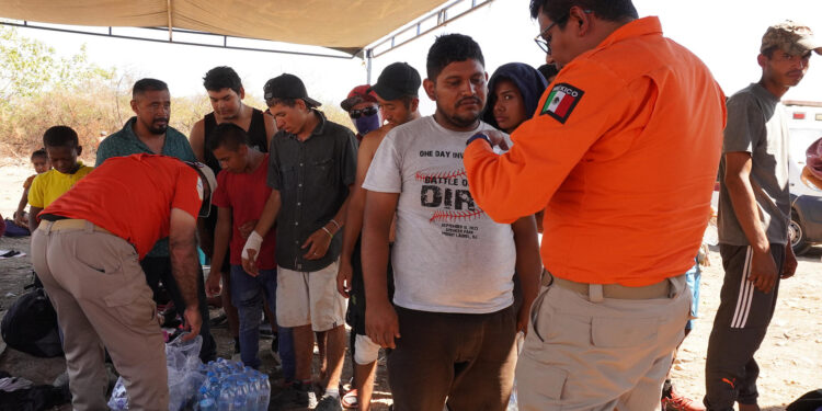 MEX2062. SANTO DOMINGO ZANATEPEC (MÉXICO), 05/02/2025.- Migrantes son atendidos por personal del Instituto Nacional de Migracion (INM) este miércoles, en el municipio de Santo Domingo, Oaxaca (México). Dispersa, sin prisa y sin destinos definidos, una caravana de aproximadamente 350 migrantes se mueve por la zona oriente del Istmo de Tehuantepec, después de haber entrado esta semana al estado de Oaxaca, en el sur del país y segunda entidad de la ruta migratoria tras partir el 24 de enero desde Tapachula, Chiapas, en un contingente inicial de 1.500 migrantes. EFE/ Jesús Méndez